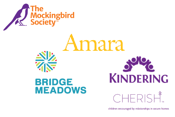 Logos of the 2019 grant recipients: The Mockingbird Society, Amara, Bridge Meadows and Kindering Cherish.