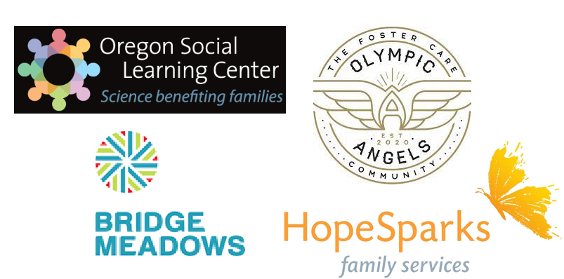 Logos of 2021 grant recipients: Oregon Social Learning Center, Olympic Angels, Bridge Meadows and HopeSparks.