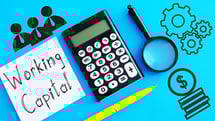 Manufacturing Operations A note with the words “working capital” alongside a calculator, magnifying glass, and a pen surrounded by business icons