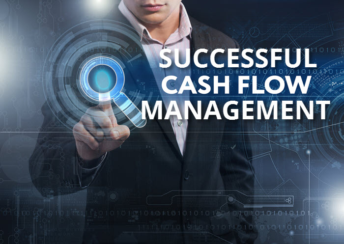 A businessman touching a glowing dial beside the words Successful Cash Flow Management.