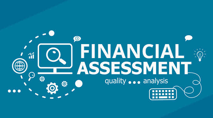 Graphic of analysis icons around the words Financial Assessment.