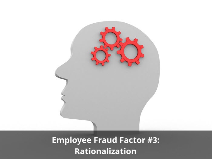 A silhouetted head with red gears turning inside, titled Employee Fraud Factor #3: Rationalization.