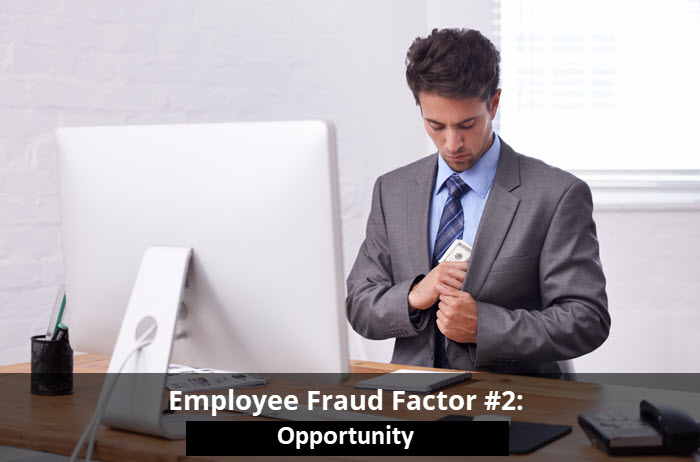 A man slipping something into his jacket at an unattended desk, titled Employee Fraud Factor #2: Opportunity.