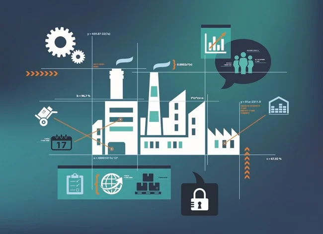 Illustration of a manufacturing plant surrounded by digital production and analytics icons.
