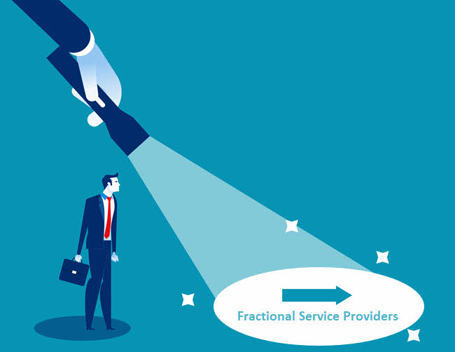 Illustration of a businessman lit by a searchlight above a banner reading Fractional Service Providers.