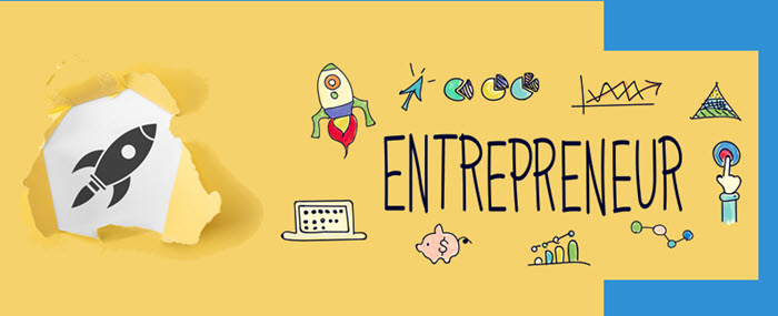Illustration of a rocket and startup icons around the word Entrepreneur.
