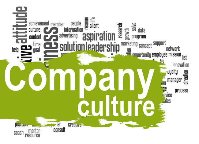 A word cloud of workplace terms centered on the phrase Company culture.