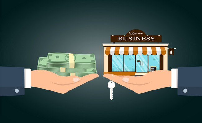 Illustration of one hand passing cash to another in exchange for the keys to a business.