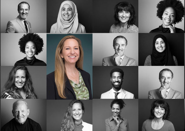 A grid of portraits of people of many backgrounds, with one photo in color at the center.