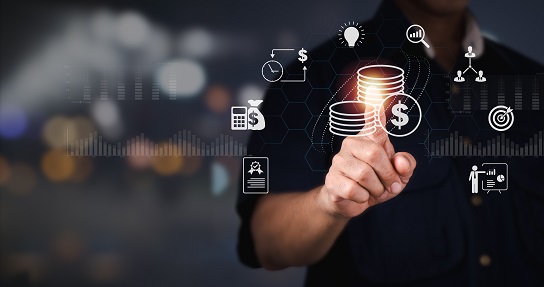 A hand touching a glowing stack of coins surrounded by financial data icons.