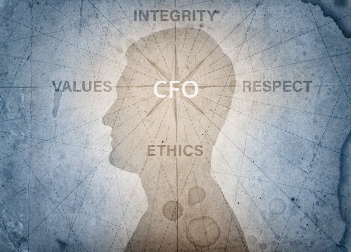 Silhouette of a head labeled CFO surrounded by the words integrity, values, respect and ethics.