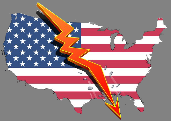 A map of the United States in stars and stripes cracked by an orange lightning bolt.