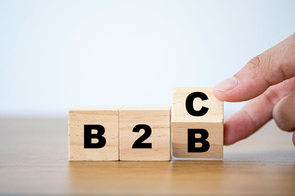 Wooden blocks spelling B2B with a hand turning the last block to make B2C.