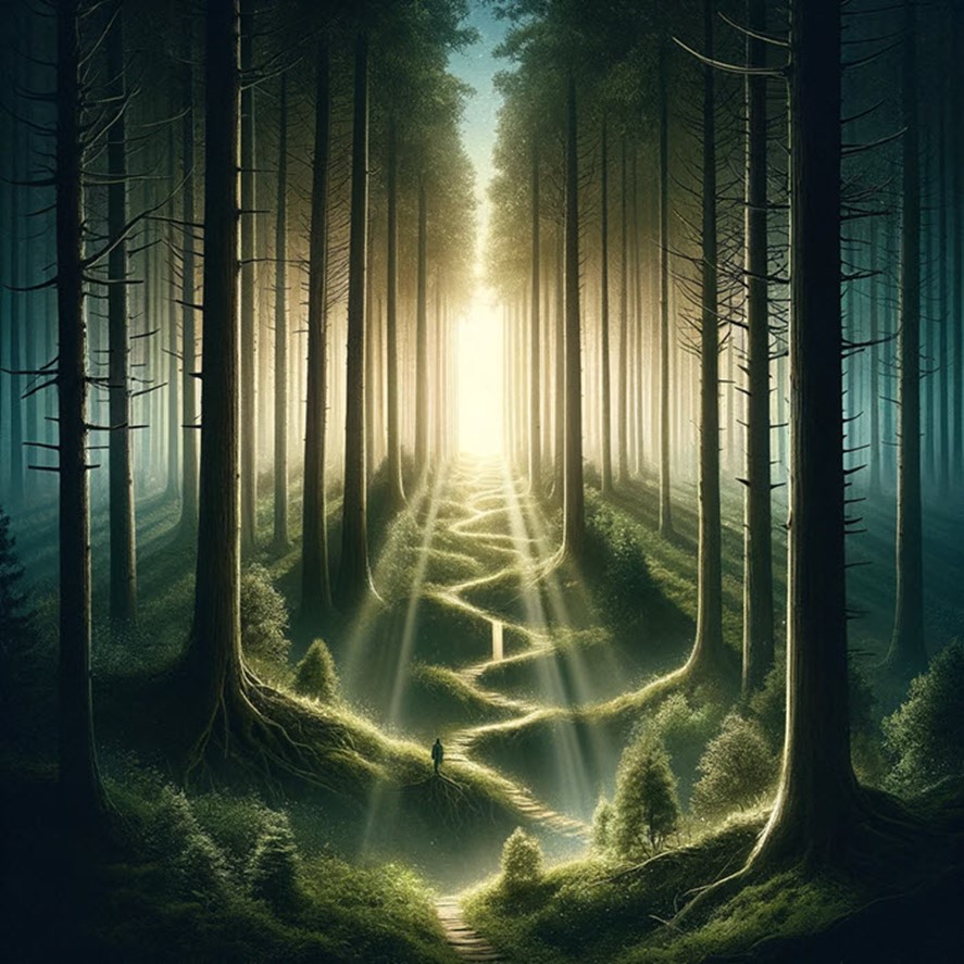 A path of light breaking through a dense forest of tall trees.