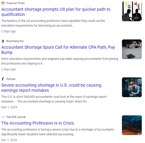 Screenshot of news headlines about the shortage of accountants in the United States.