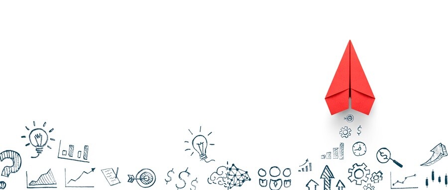 A red paper plane rising above hand-drawn business and finance doodles.