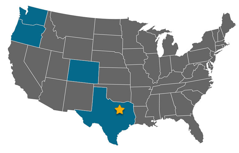 Map of the United States with Washington, Oregon, Colorado and Texas highlighted, and a star marking Texas.