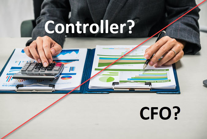 Hands using a calculator over financial reports, split by a red line labeled Controller and CFO.