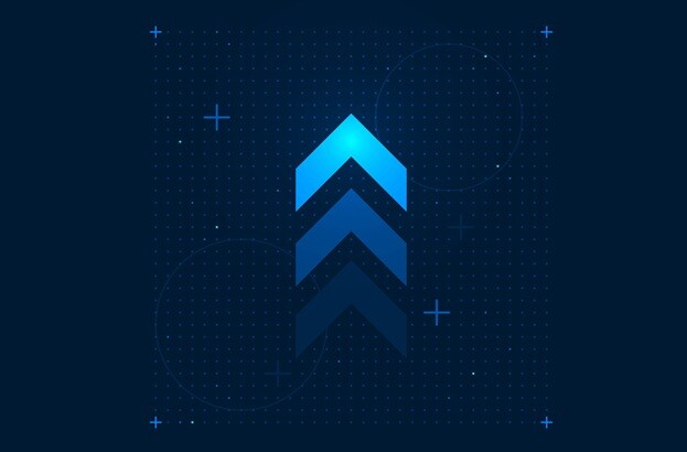 Blue upward-pointing arrows on a dark digital background.