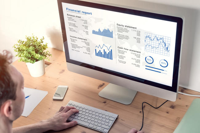 A person at a desktop monitor displaying a financial report dashboard.