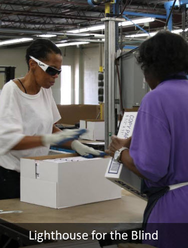 Two workers packing boxes at a workbench, captioned Lighthouse for the Blind.